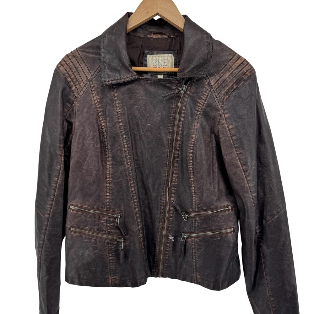 BKE Moto Jacket Womens L Large Faux Leather Burgundy Chain Accent Sideways Zip